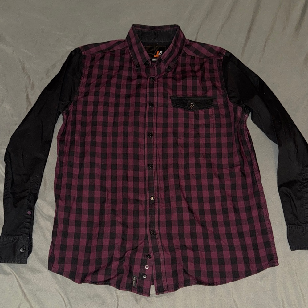 Men's Black and Purple Checkered Shirt